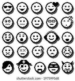 Vector icons of smiley faces. Set of different emotions. Pixel art.