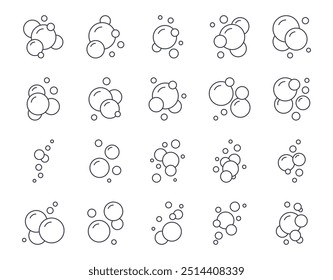 Vector icons soap bubbles. Simple foamy water symbols with round shapes. Laundry detergent gel, washing and cleaning. Sea foam, gas molecules, oxygen. Editable stroke line set signs.