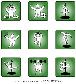 Vector icons with sports. yoga. dancing with a pole ang gym themes