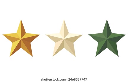 Iconos vectoriales de estrellas. Oro, perlas, color verde. Ilustración vectorial. Iconos de estrellas 3d con sombra sobre fondo aislado. 