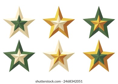 Vector icons of stars . Gold, pearls, green color. Two-color Vector Illustration. 3d star icons with shadow on isolated background