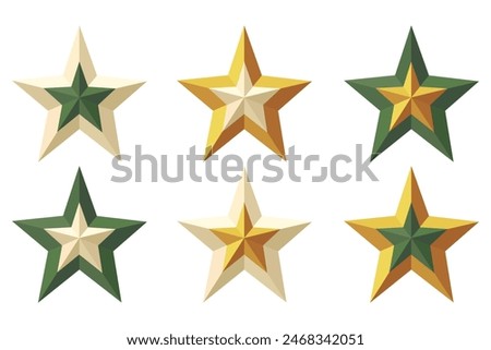 Vector icons of stars . Gold, pearls, green color. Two-color Vector Illustration. 3d star icons with shadow on isolated background