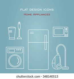 Vector icons in the style of a flat design. Home appliances for the home. Washing machine, vacuum cleaner , refrigerator , blender , microwave.