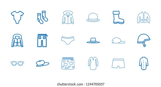 Vector  icons such as boot, baby onesie, socks, pants, jacket, overcoat, baseball cap, hat, helmet. editable wear icons for web and mobile.