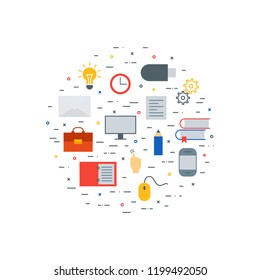 Vector icons such as computer, books, pencil, sheet of paper, open notebook,  clicking hand, computer mouse, mobile phone, gear, flash drive, clock, envelope, light bulb, briefcase. 