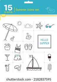Iconos vectores con verano, bebidas, velero, anclas y paraguas de playa 