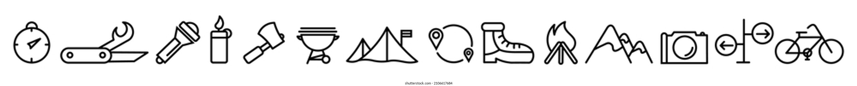 Vector icons Summer camping hiking mountains. Bonfire matches grill cooking on a bonfire