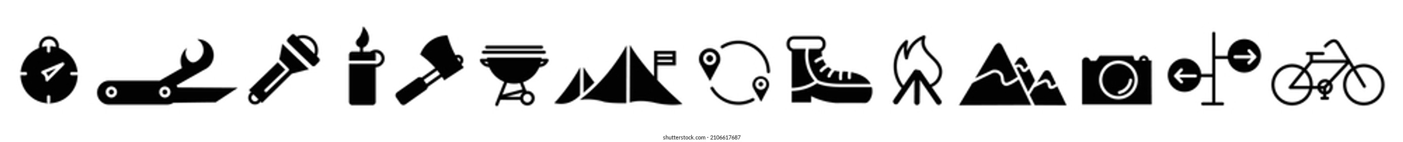 Vector icons Summer camping hiking mountains. Bonfire matches grill cooking on a bonfire