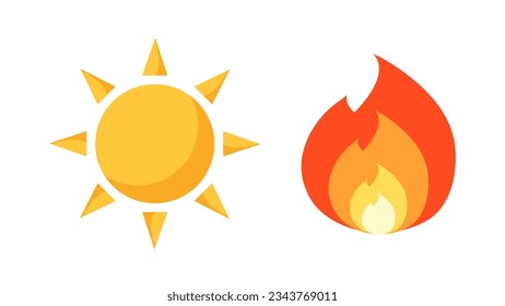 Vector icons of sun and burning fire. The concept of hot weather or high temperature. Isolated on white background.	
