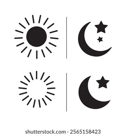 Vector icons of the sun and crescent moon with stars for creative web and UI designs,Clean and versatile celestial icon pack for day and night themes