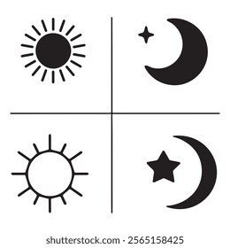 Vector icons of the sun and crescent moon with stars for creative web and UI designs,Clean and versatile celestial icon pack for day and night themes