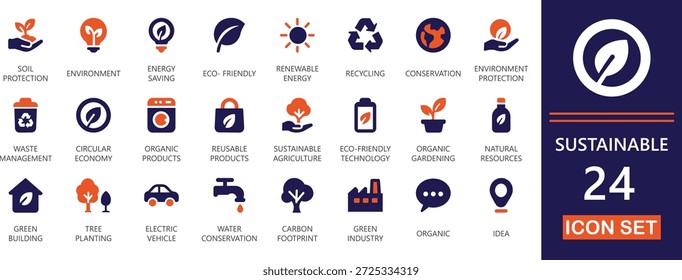 Ícones vetoriais de ação climática sustentável, de desenvolvimento, ecológica, energética, da pegada de carbono, circular, econômica, ecológica, tecnológica e ESG.
