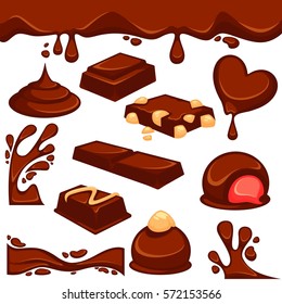 Vector icons of sweet choco fondant or cocoa pastry products with nut or cream filling. Chocolate dripping splash drops and confectionery desserts of truffle candy bars and confections.