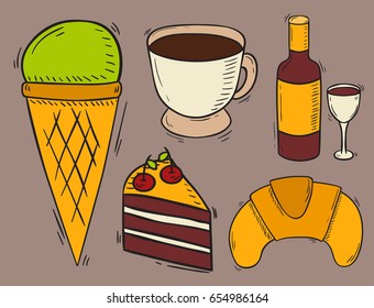 Vector icons sweet fast food hand drawn restaurant breakfast cake design kitchen unhealthy dessert
