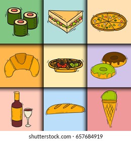 Vector icons sweet fast food hand drawn restaurant breakfast cake design kitchen unhealthy dessert