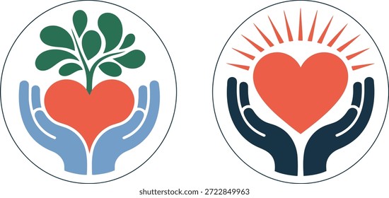 Vektorsymbole, die die Pflege der Umwelt und das emotionale Wohlbefinden symbolisieren, mit Händen, die ein blättriges Herz und ein leuchtendes Herz halten.