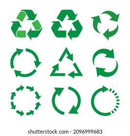 Vector icons and symbols of circle arrow of recycle, reuse, eco cycle. Logo sign of eco environment and waste, paper reuse. Round green pictograms and triangles of earth ecology flat illustration.eps.