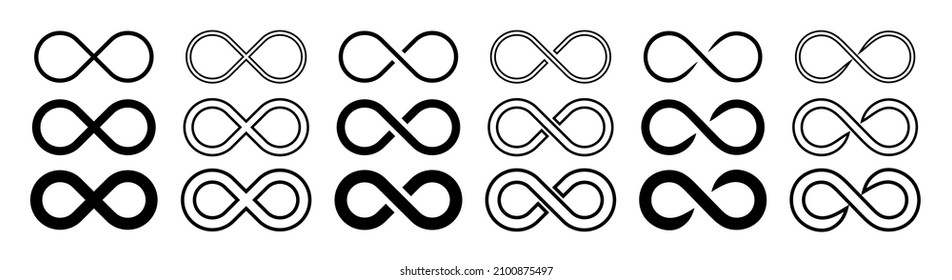 Vector icons, symbols of loop and infinity. Logo, line abstract sign of endless, infinite, limitless and eternity. Graphic mobius, cycle of forever shapes set. Round geometrical eternal eight design.