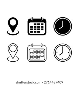 Iconos o símbolos vectoriales para representar fecha, hora y lugar