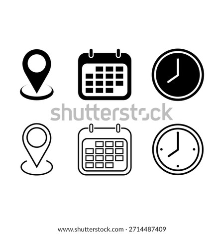 Vector icons or symbols to represent date, time and venue