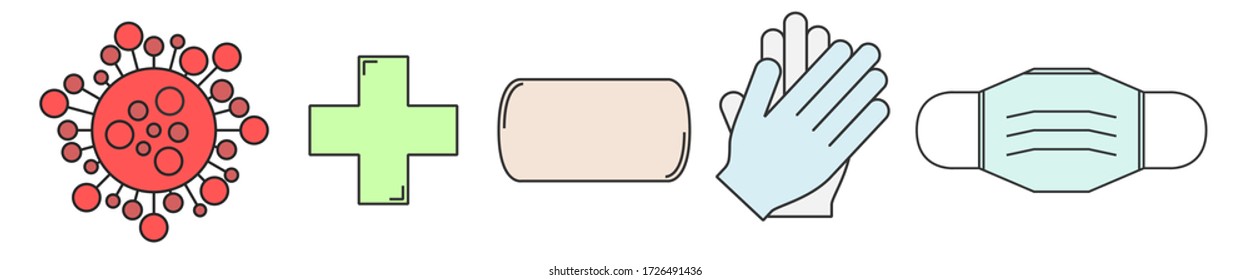 Vector icons and symbols for stop and lockdown the Corona virus (COVID-19). Mask, Gloves, Soap, Medical, Virus.