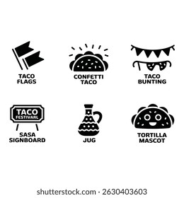 Ícones vetoriais de mercadorias do Festival do Taco