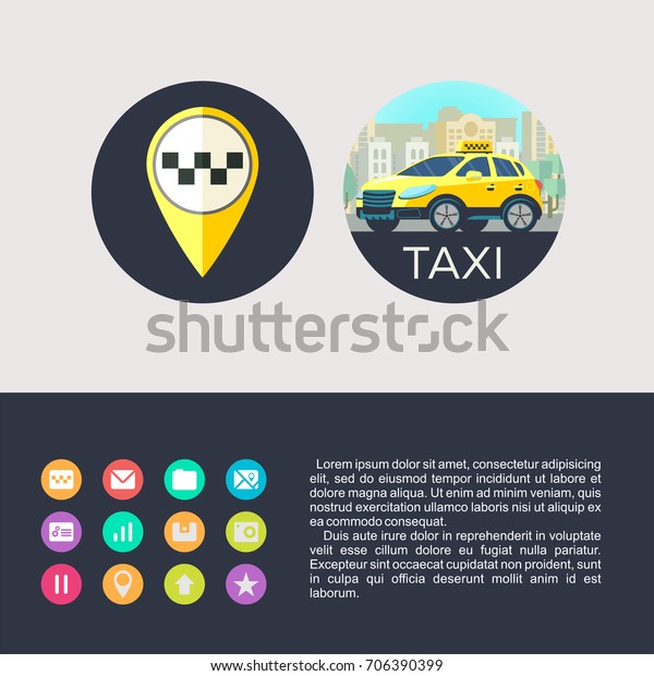 Vector icons taxi service. Taxi service. Yellow\
taxi car in the background high rise buildings. Icons mobile app\
taxi service.