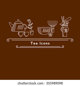 Vector icons of tea for cafes and restaurants - Line logo in the style of Chinese and Japanese tea. Tea ceremony, teapots, tea cups and other items.