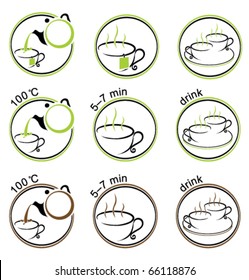 Vector icons of tea and coffee making. How to make tea signs for tea or coffee packages 