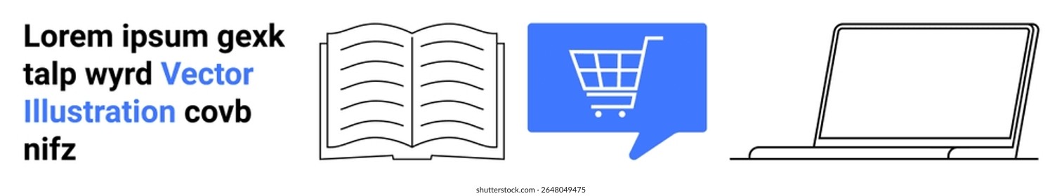 Ícones vetoriais de texto, livro aberto, carrinho de compras azul no balão de fala e laptop. Ideal para educação, comércio eletrônico, aprendizado on-line, recursos digitais, blogs, criação de conteúdo e soluções tecnológicas