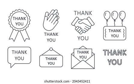 Vector icons Thank you. Editable stroke. Applause handshake letter icon. Balloons gift lettering. Line style on white background