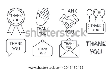 Vector icons Thank you. Editable stroke. Applause handshake letter icon. Balloons gift lettering. Line style on white background