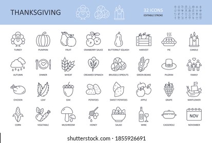 Vector icons Thanksgiving Day. Editable stroke. Turkey potatoes sweet cranberry sauce pie squash beans spinach autumn dinner wheat wine pumpkin. Harvest hat pilgrim chicken oak apple corn casserole