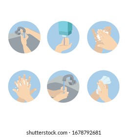 
Vector icons that show how to wash your hands on a white background.
