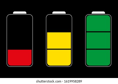 Vector icons of three batteries with different levels of charge, battery charge signs, red, yellow, green levels of charge, black background