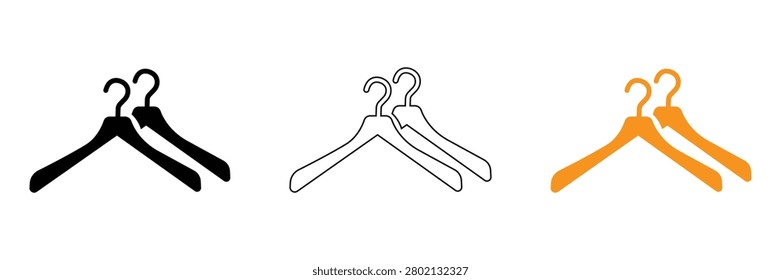 Vector icons of three clothing hangers in black, line art, and orange on a clean white background, suitable for web design, infographics, or presentations