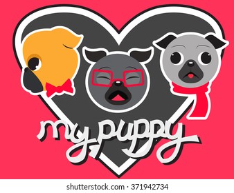 Vector icons with three pugs in glasses, bow and scarf and a lettering below 'my puppy'