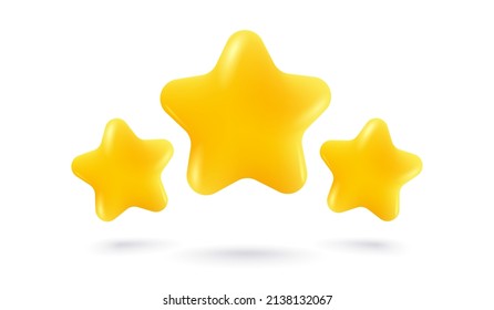 Vector icons of three yellow stars glossy colors. Achievements for games or customer rating feedback of website. Vector illustration of stars in realistic 3d style.