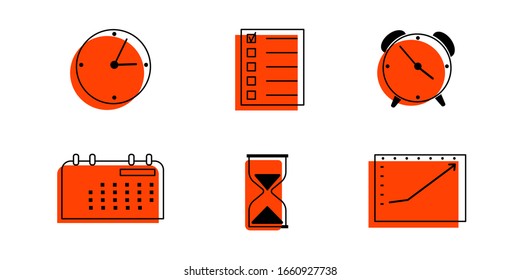 Vector icons of time management: clock, calendar, alarm clock, hourglass, dashboard, business planer.