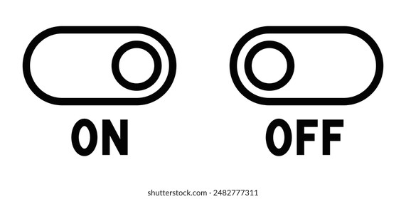 Vector icons of toggle switches labeled "ON" and "OFF", representing control and settings. Simple black and white design. Editable stroke.
