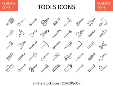 Vector icons with tools - paint brush; saw; axe; hole puncher; putty knife; awl; drill; wire cutters; stationery knife; shovel; wrench; sledgehammer; scissors; pick; screwdriver; etc.