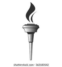 Vector icons Torch black and white. Hot flame, power flaming, heat and liberty, victory success, glow triumph illustration.
