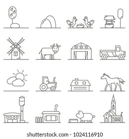 Vector Icons of Town, Countryside and Farm Lands in Linear Style. Isolated graphic elements: church, horse, cow, barn, buildings, weather and farm animals. Rural landscape details.