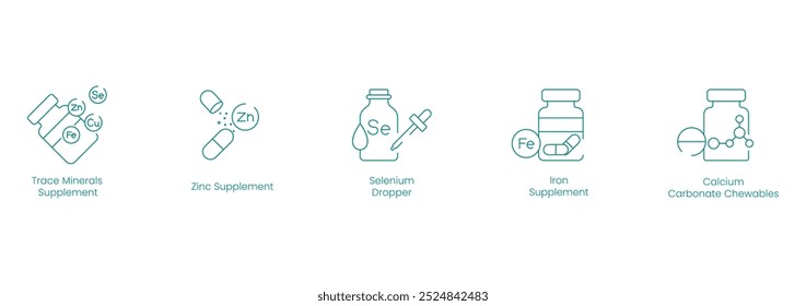 Iconos vectoriales de suplemento mineral de rastro, suplemento de zinc, gotero de selenio, suplemento de hierro, carbonato de calcio masticable