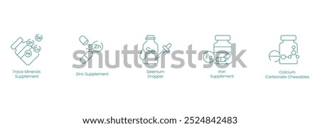 Vector Icons of Trace Mineral Supplement, Zinc Supplement, Selenium Dropper, Iron Supplement, Calcium Carbonate Chewable