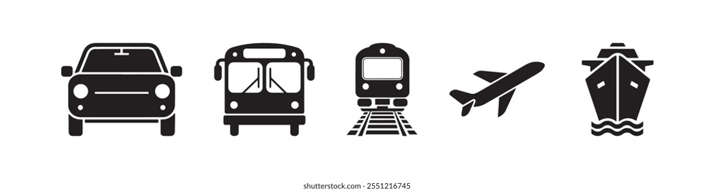 Vector icons of transportation modes including car, bus, train, airplane, and ship in a minimal black silhouette style. Perfect for travel, logistics, and design projects.