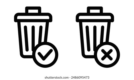 Vector icons of a trash bin with checkmark and cross symbols, representing waste management, approval, and rejection. Editable stroke.