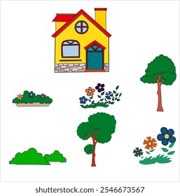 Vector icons of trees, flowers, grass, houses, fences