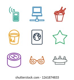 vector icons. Trendy 9 vector icons. Contain icons such as group, sunglasses, hospital, star, passport, bucket, chinese fast food, laptop, phone. vector icon for web and mobile.