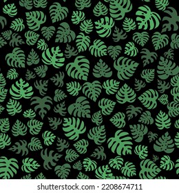 Vector icons with tropical palm leaves, monstera. Beautiful hand drawn exotic plants. Floral seamless background. Monsters isolated on black background. Monstera leaves, jungle.